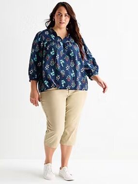 St. John's Bay Navy Floral Tie-Neck Peasant Blouse